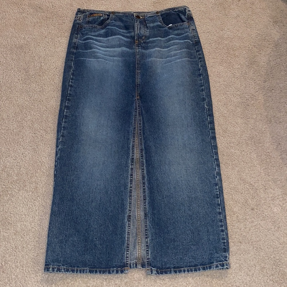 l.e.i Vintage Y2K Long Front Slit Jean Skirt